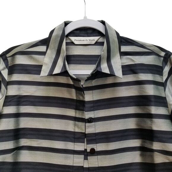 Preston & York Women Silk Boxy 3/4 Sl Collared Striped Silver Black Jacket Sz S - Picture 8 of 10